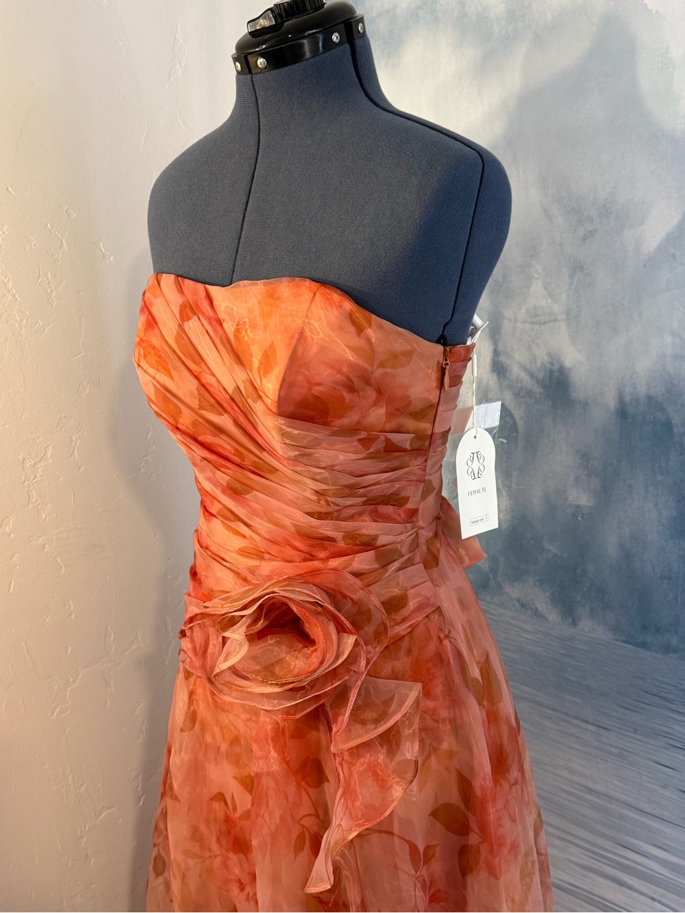 Strapless Floral Organza Evening Dress in Coral #290 - Picture 4 of 15
